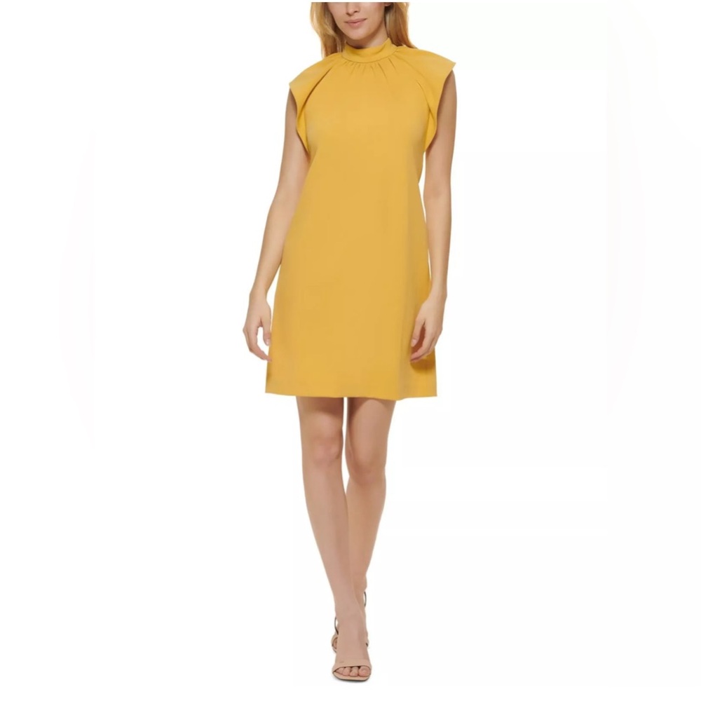CALVIN KLEIN Womens Yellow Lined Flutter Sleeve Mock Neck Short Shift Dress 10